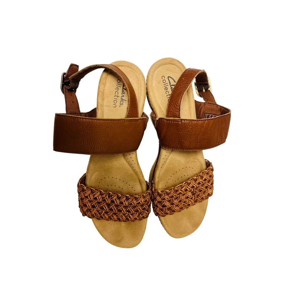 Clarks Wedge Sandals 8.5W Brown Leather Woven Ultimate Comfort Boho Platform